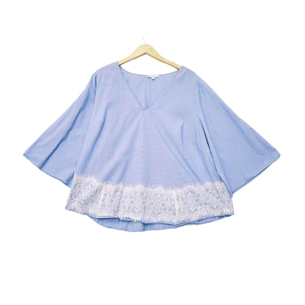 JANE and DELANCEY Shirt Womens 2X Blue Striped Cotton Top Lace Trim Bell Sleeves